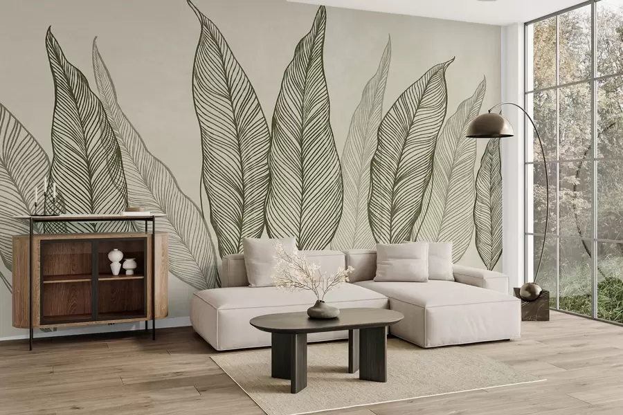 Fotobehang Gestileerde groene bladeren met gedetailleerde lijndetails op een beige achtergrond, kunstwerk met textuur w10030