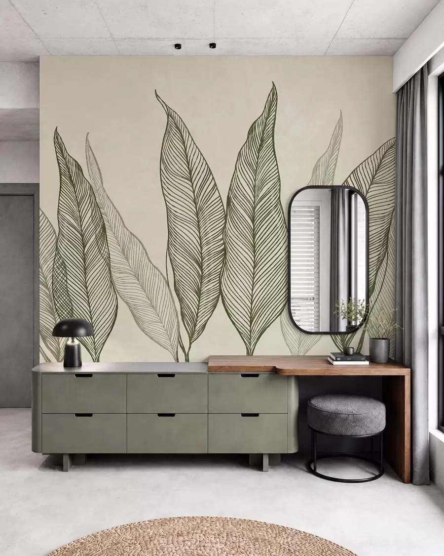 Fotobehang Gestileerde groene bladeren met gedetailleerde lijndetails op een beige achtergrond, kunstwerk met textuur w10030