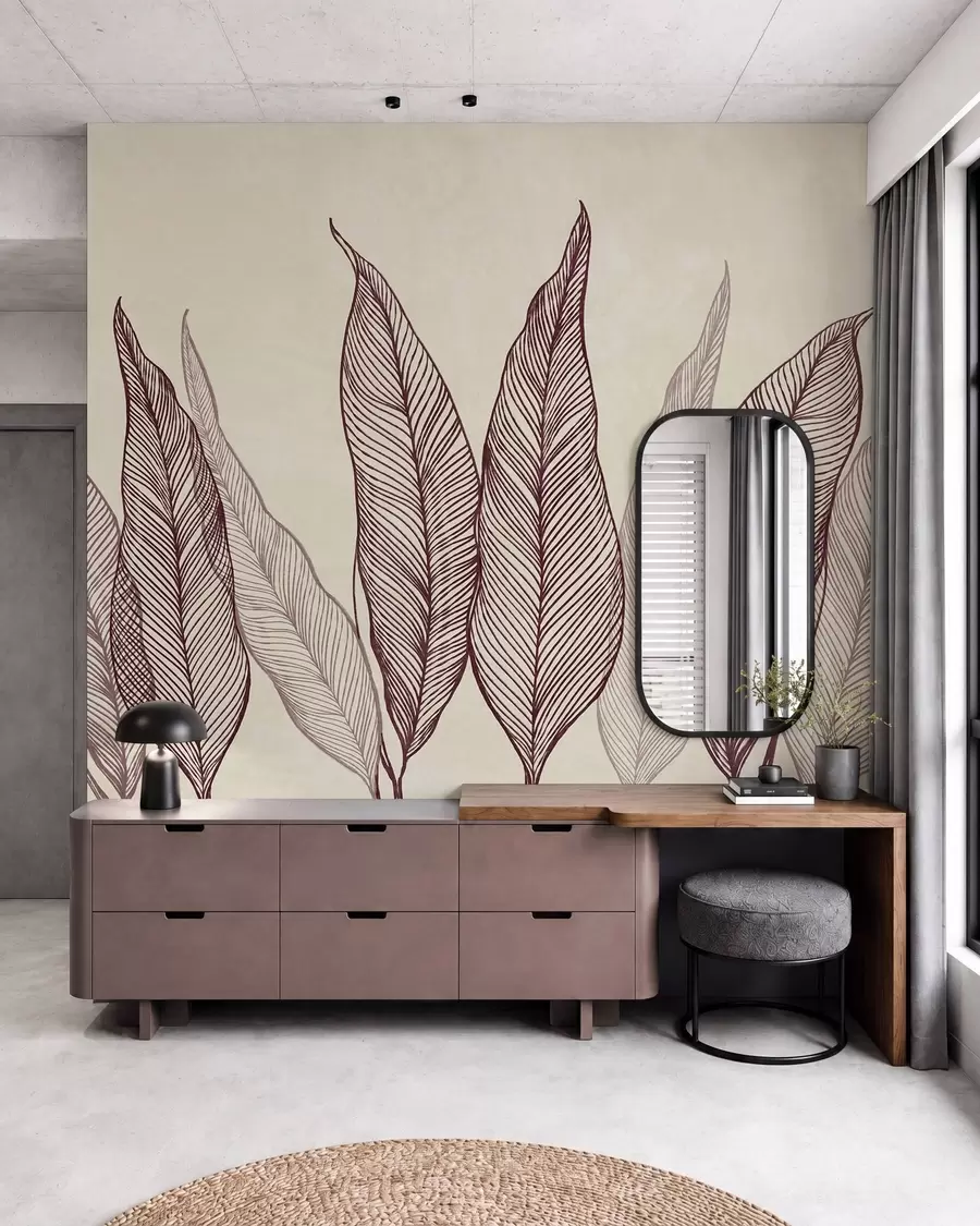 Fotobehang Gestileerde bordeauxrode bladeren met verfijnde lijndetails op een beige achtergrond, kunstwerk met textuur w10030v1