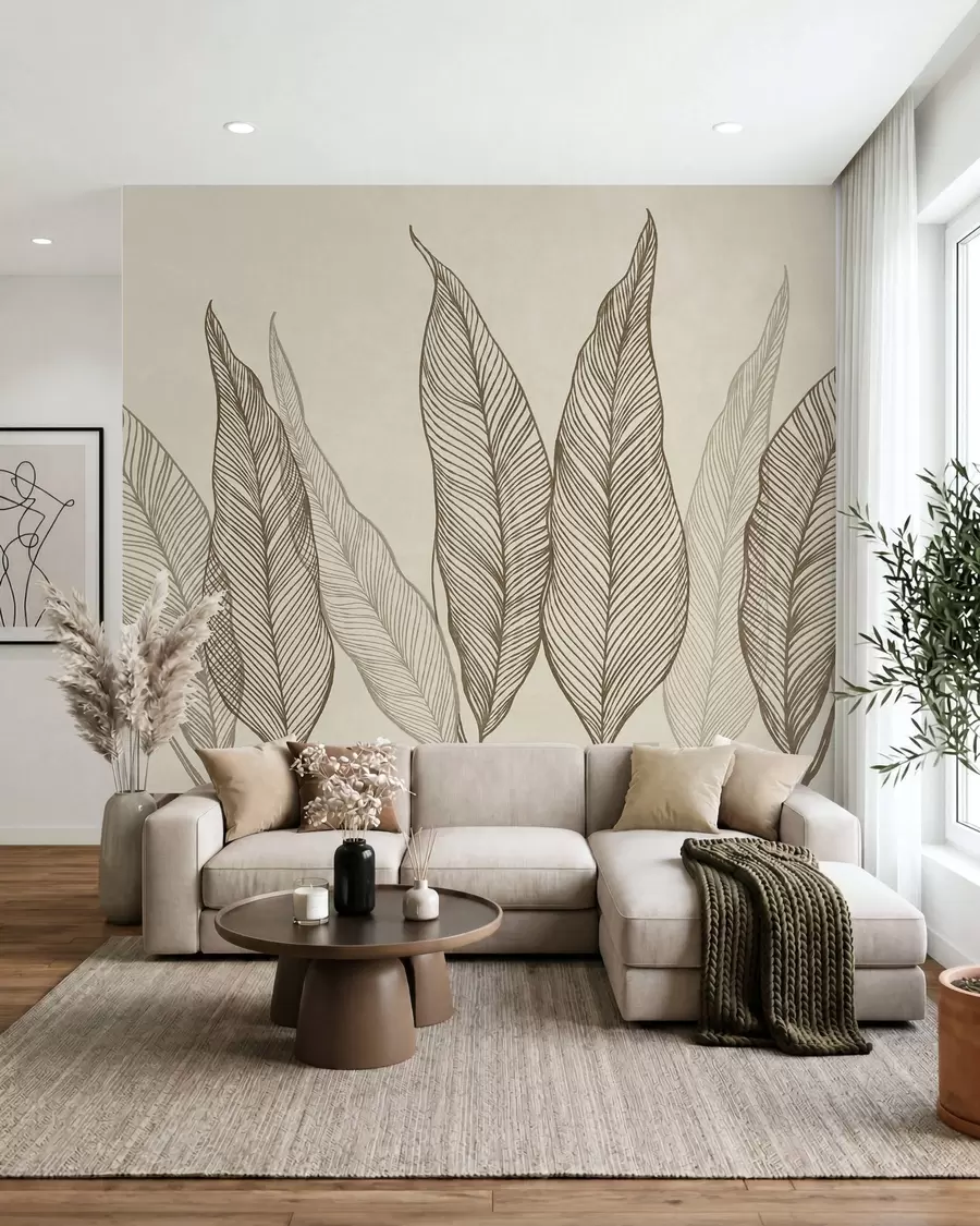 Fotobehang Gestileerde bruine bladeren met gedetailleerde lijndetails op een beige achtergrond, kunstwerk met textuur w10030v2