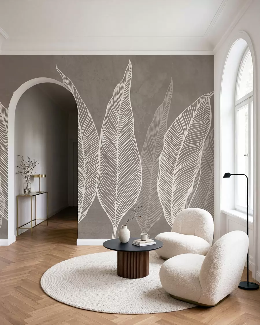 Fotobehang Gestileerde witte bladeren met gedetailleerde lijndetails op een bruine achtergrond, kunstwerk met textuur w10030v4