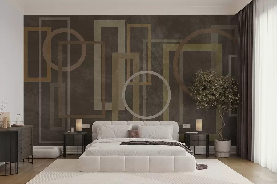 Fotobehang Geometrische, gestructureerde vormen, waaronder rechthoeken en cirkels, in aardetinten w10031