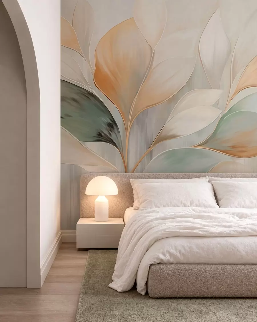 Fotobehang Abstracte bladeren in crèmekleurige, perzikkleurige en groene tinten w05861