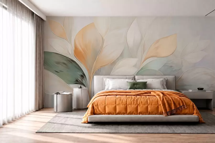 Fotobehang Abstracte bladeren in crèmekleurige, perzikkleurige en groene tinten w05861