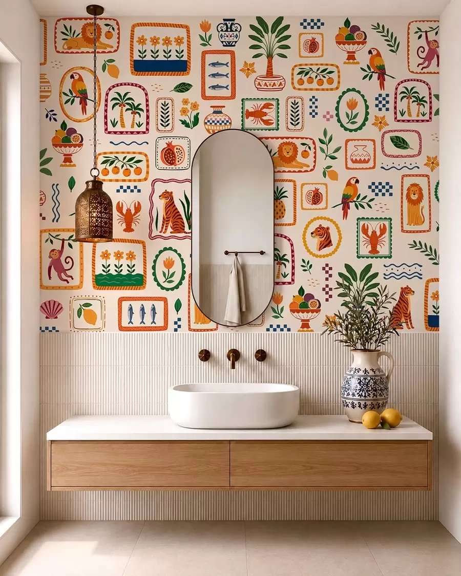 Fotobehang Kleurrijk patroon met dieren, planten en fruit w05885