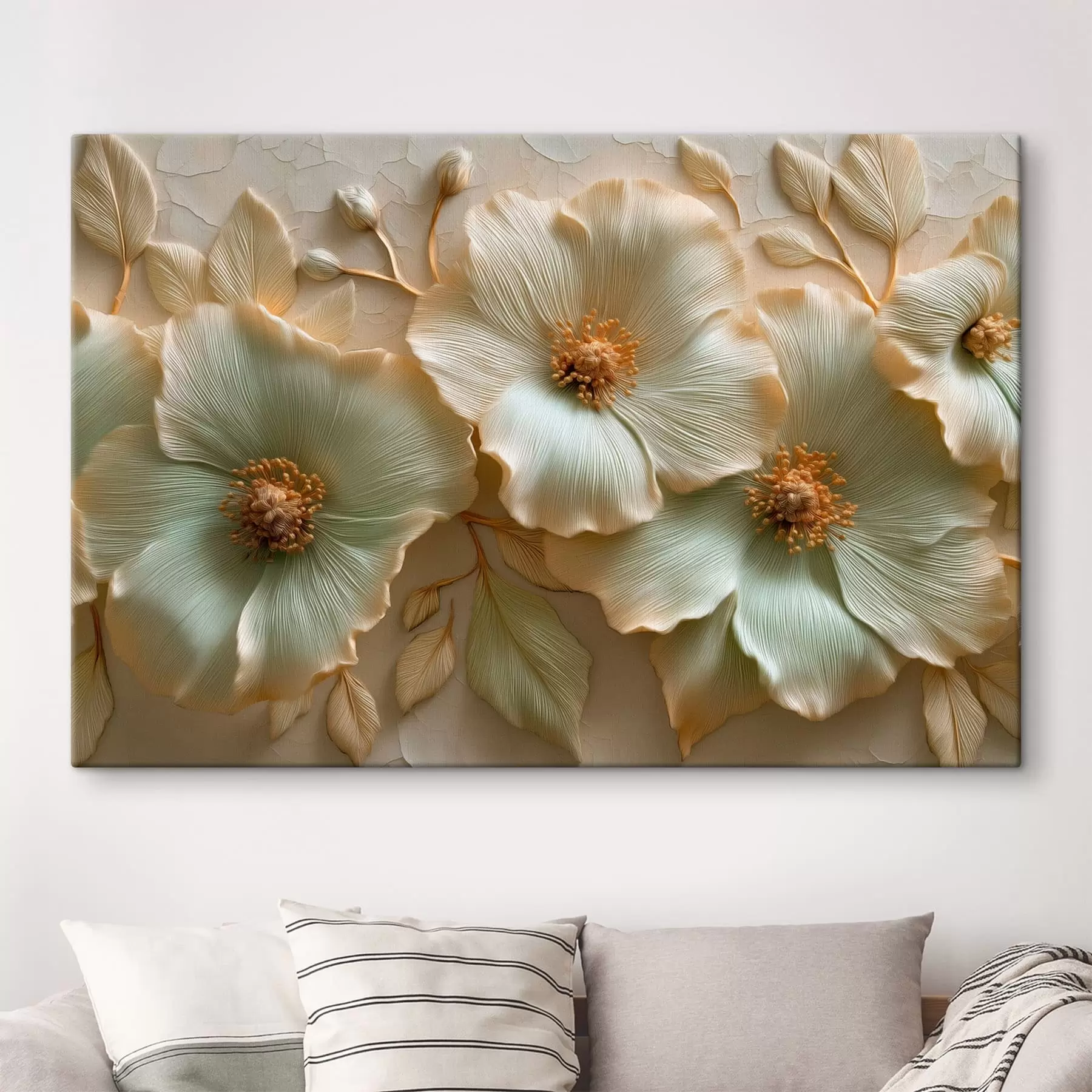  Schilderijen Grote bloemen en bladeren met een driedimensionaal effect in lichte tinten s50420