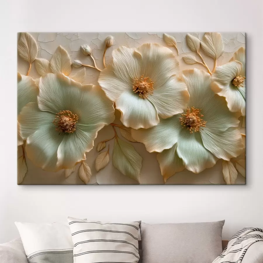  Schilderijen Grote bloemen en bladeren met een driedimensionaal effect in lichte tinten s50420