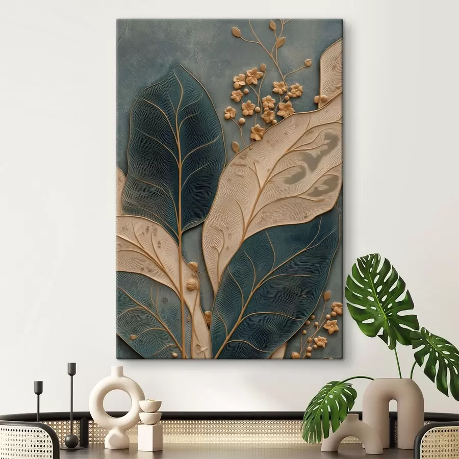  Schilderijen Bladeren en kleine bloemen met een driedimensionaal effect op een donkere achtergrond s50427
