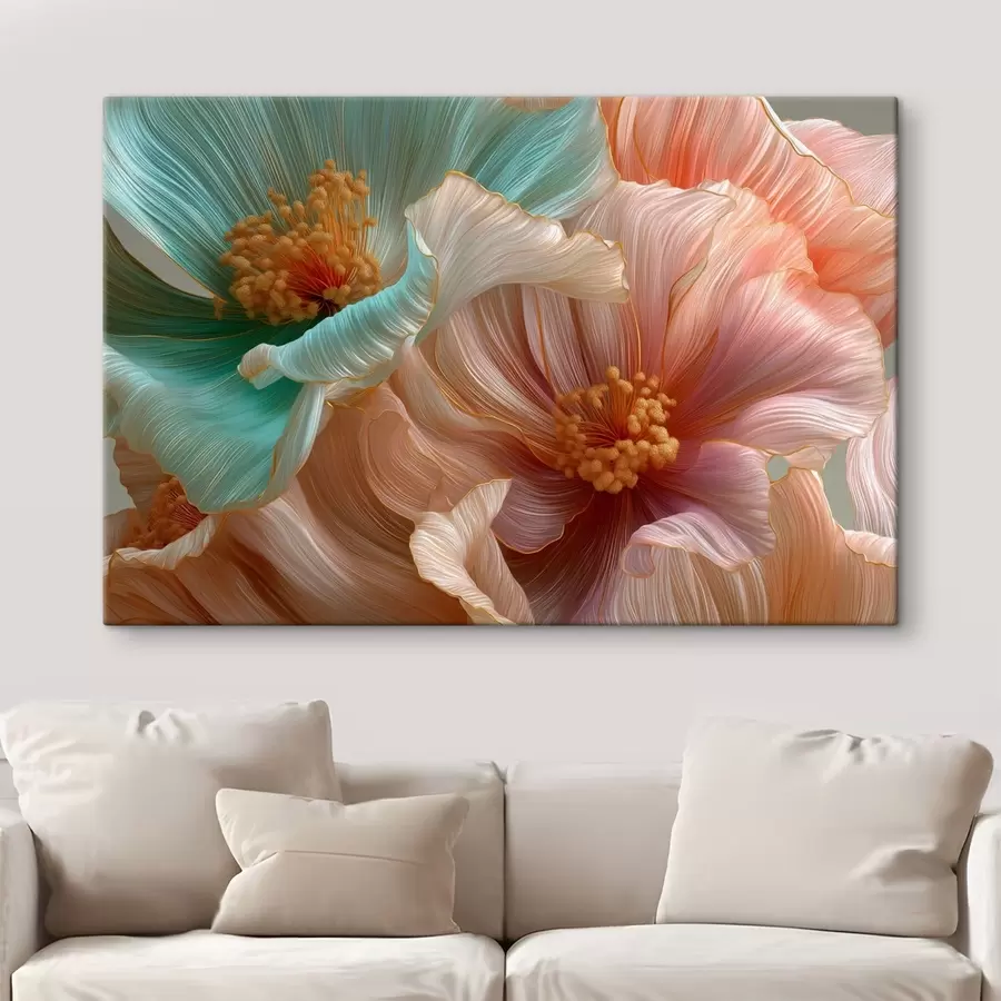  Schilderijen Grote turquoise en roze bloemen met een driedimensionaal effect s50432