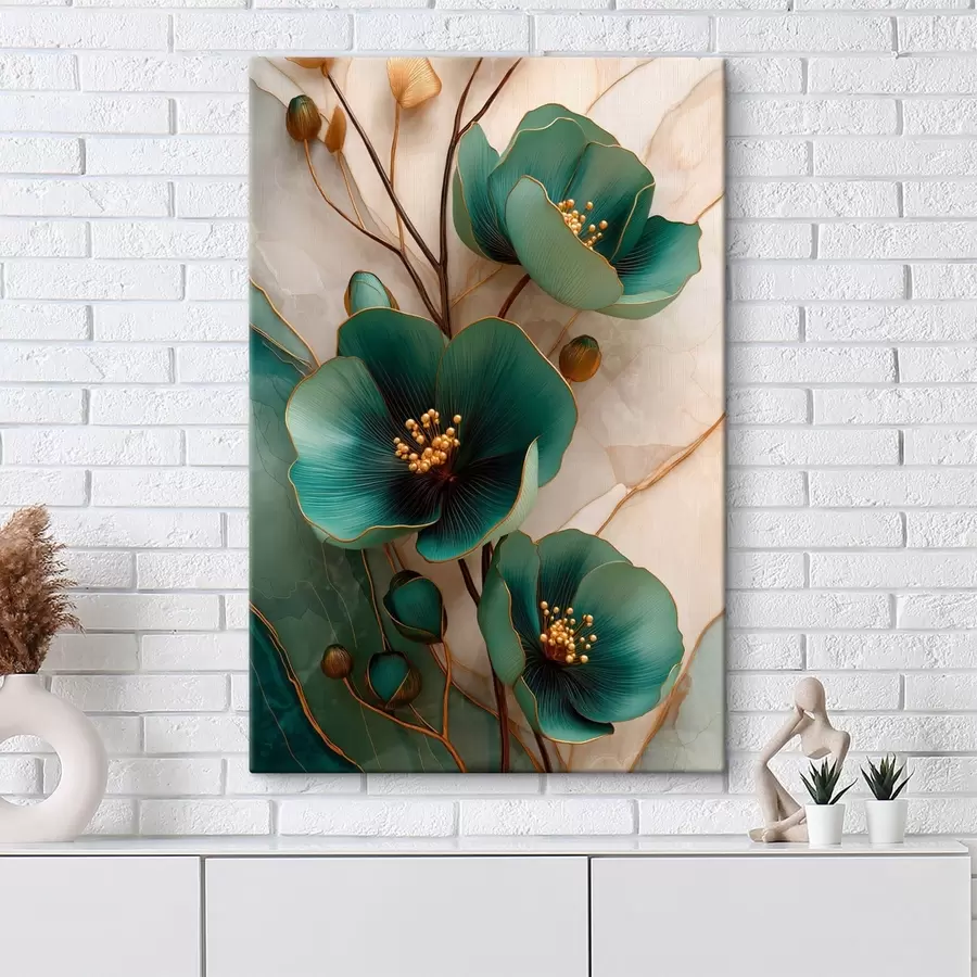  Schilderijen Turkooizen bloemen met sierlijke meeldraden s50435