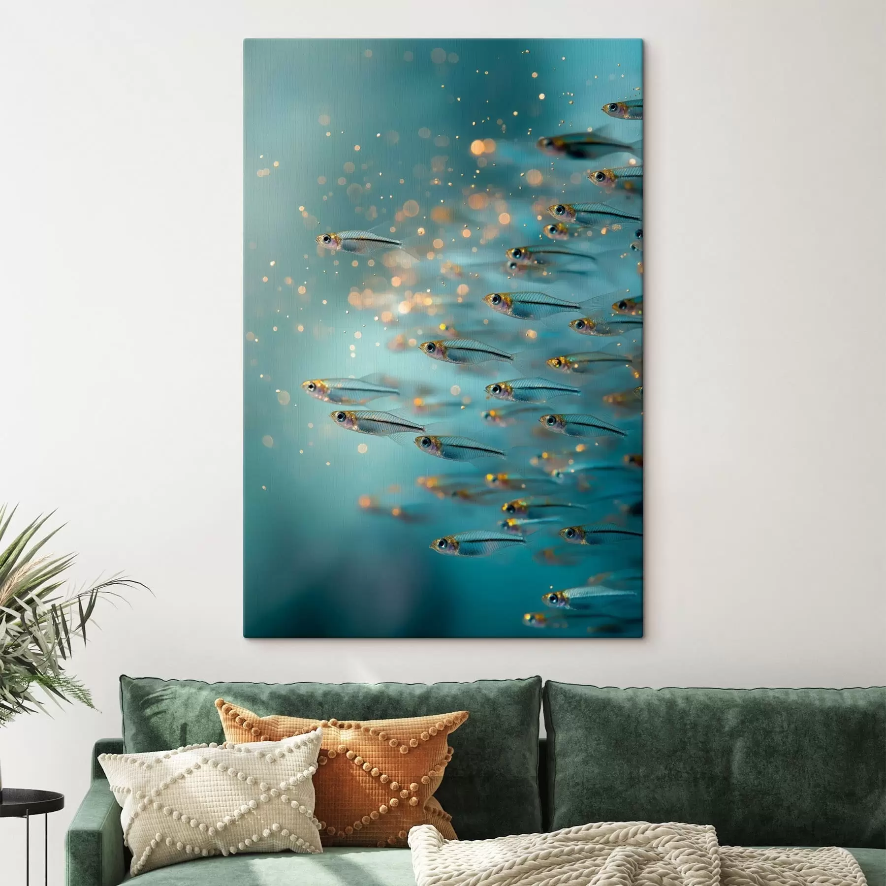  Schilderijen Een school kleine visjes in blauw water met weerspiegelingen s50443