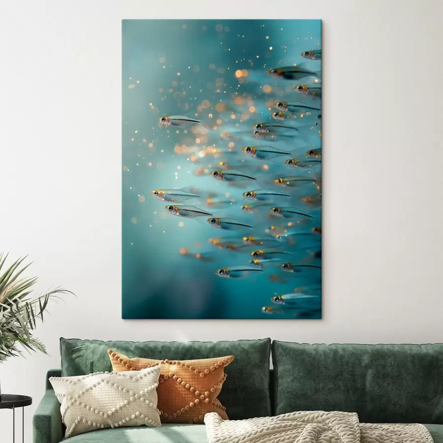  Schilderijen Een school kleine visjes in blauw water met weerspiegelingen s50443