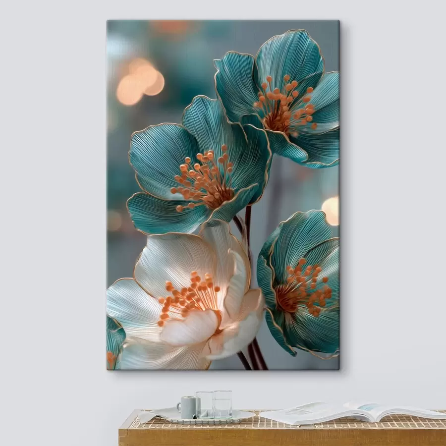  Schilderijen Turkooizen en witte bloemen met oranje meeldraden s50448