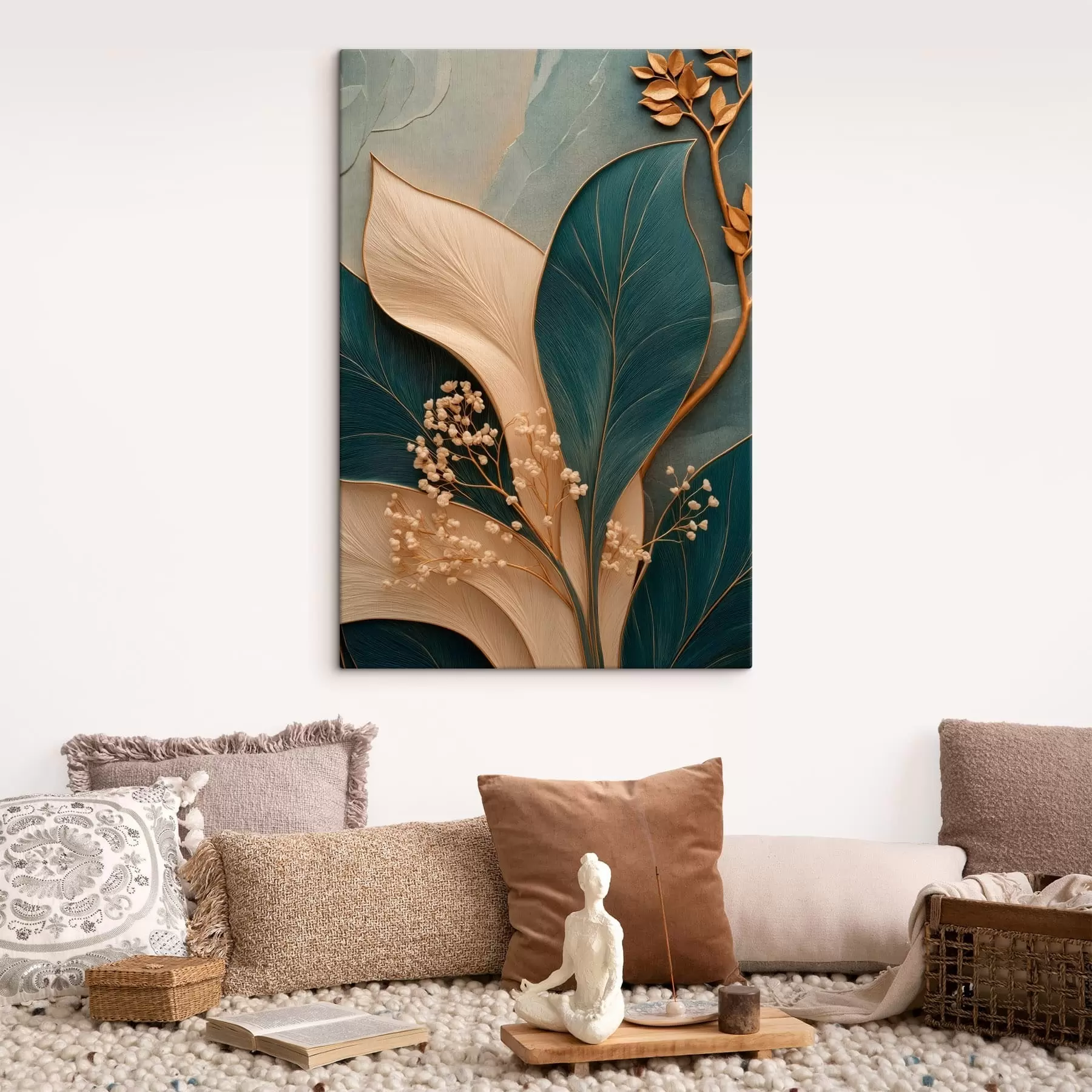  Schilderijen Grote turquoise en crèmekleurige bladeren met kleine takjes s50451