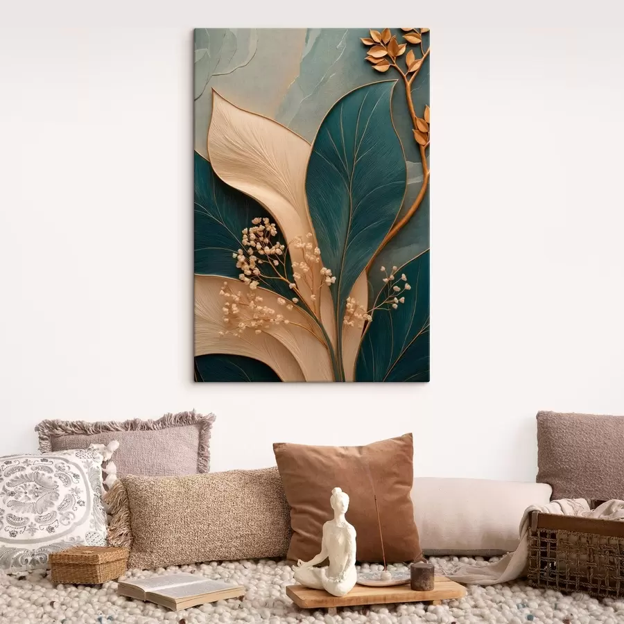  Schilderijen Grote turquoise en crèmekleurige bladeren met kleine takjes s50451