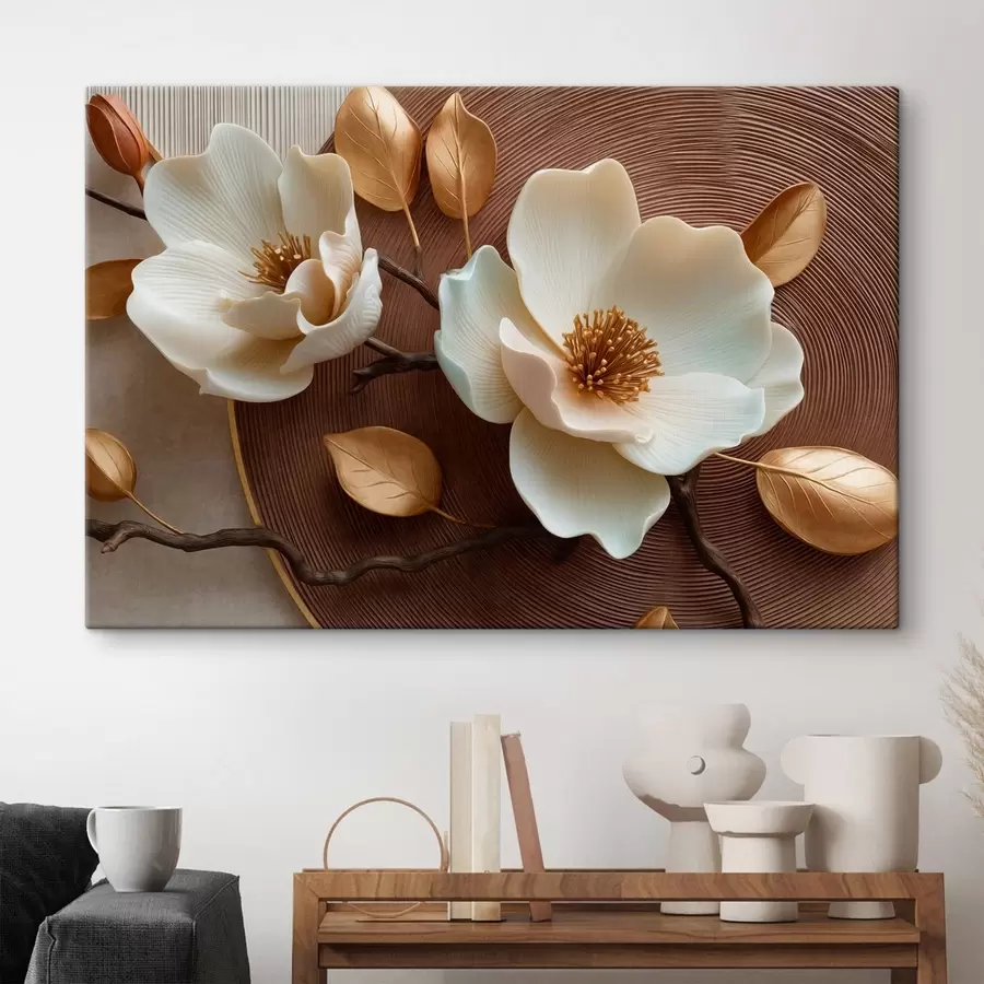  Schilderijen Witte bloemen met een driedimensionaal effect en bronskleurige bladeren s50453