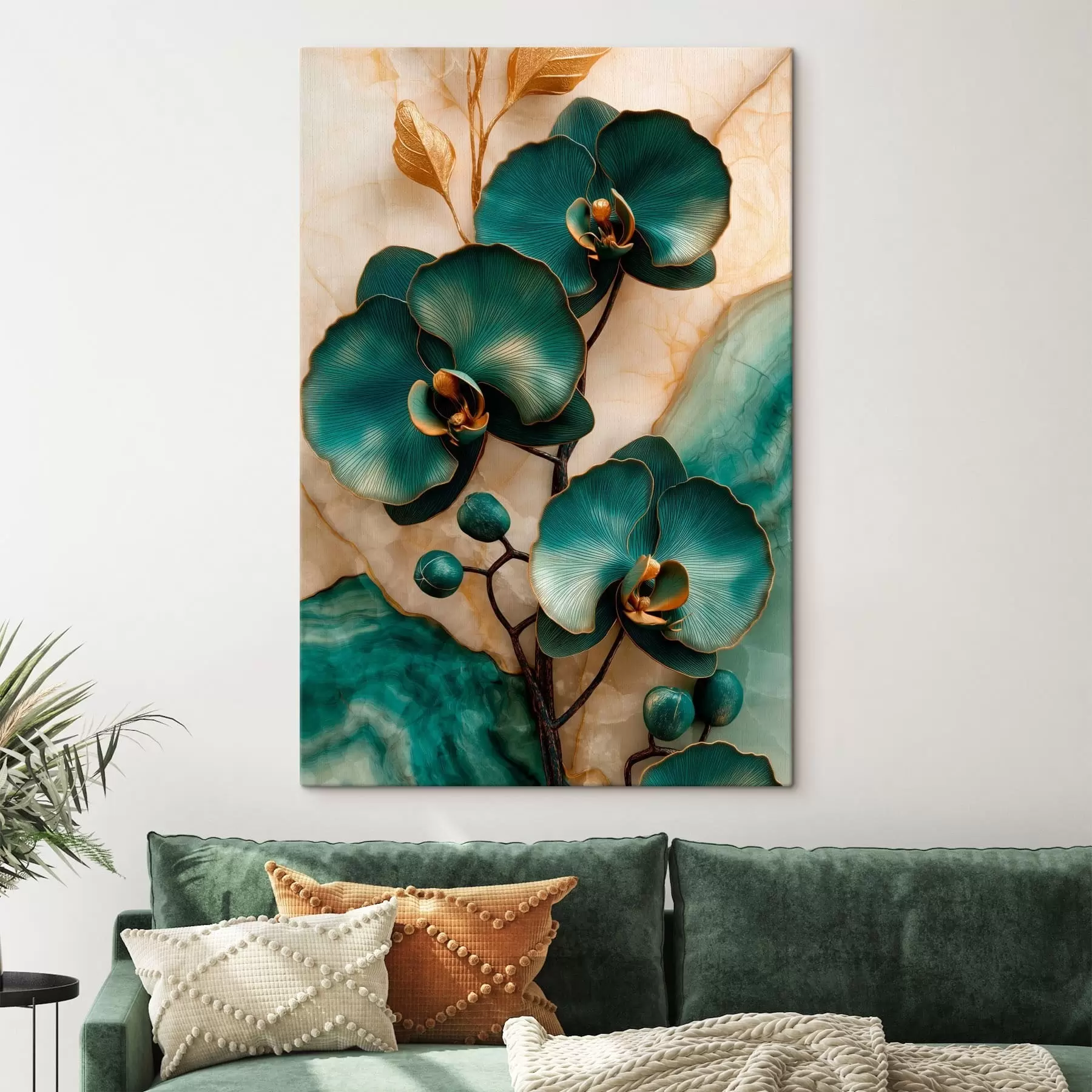  Schilderijen Turquoise orchideeën op een lichte achtergrond met een steenachtig visueel effect s50456