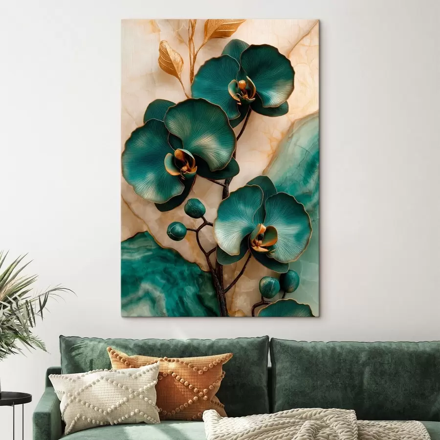 Fotobehang Turquoise orchideeën op een lichte achtergrond met een steenachtig visueel effect s50456
