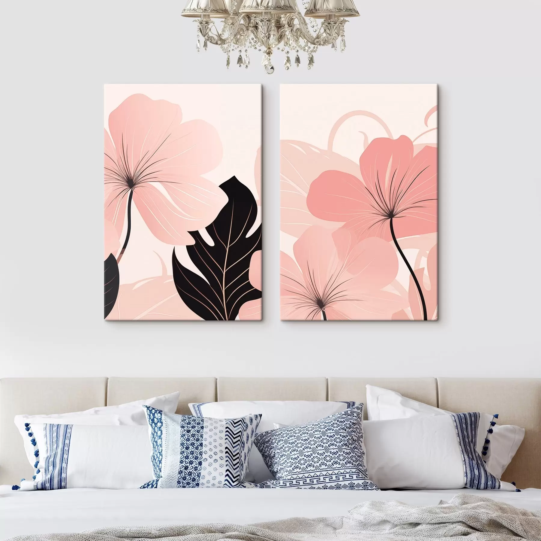  Schilderijen Roze bloemen en grafische bladeren m30902