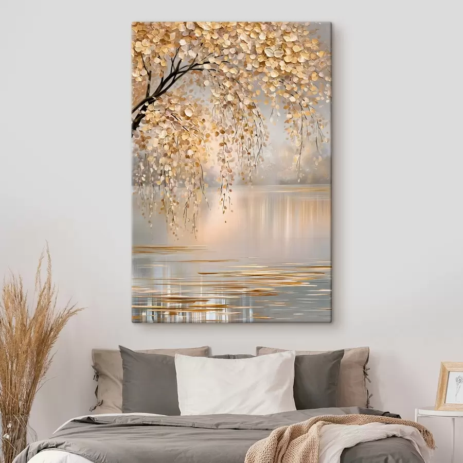  Schilderijen Een herfstboom aan het meer, geschilderd in olieverfstijl s50471