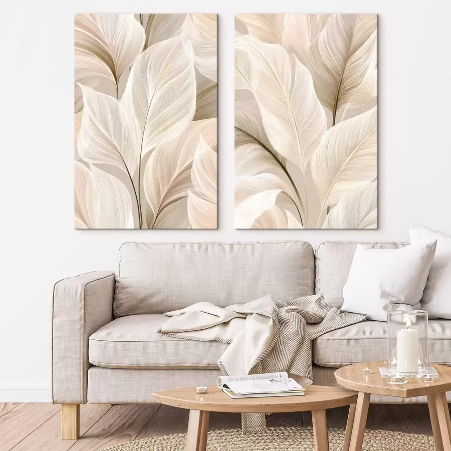  Schilderijen Fijne blaadjes in beige tinten m30927