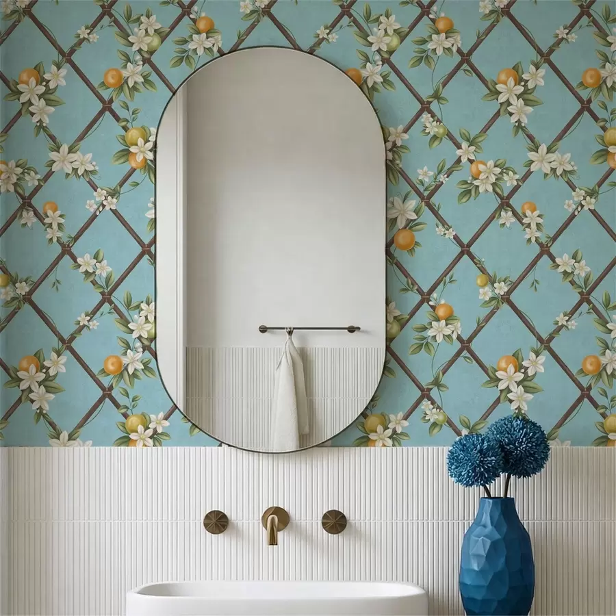 Fotobehang Bloemen en citrusvruchten op een blauwe achtergrond met een rasterpatroon a01261v3