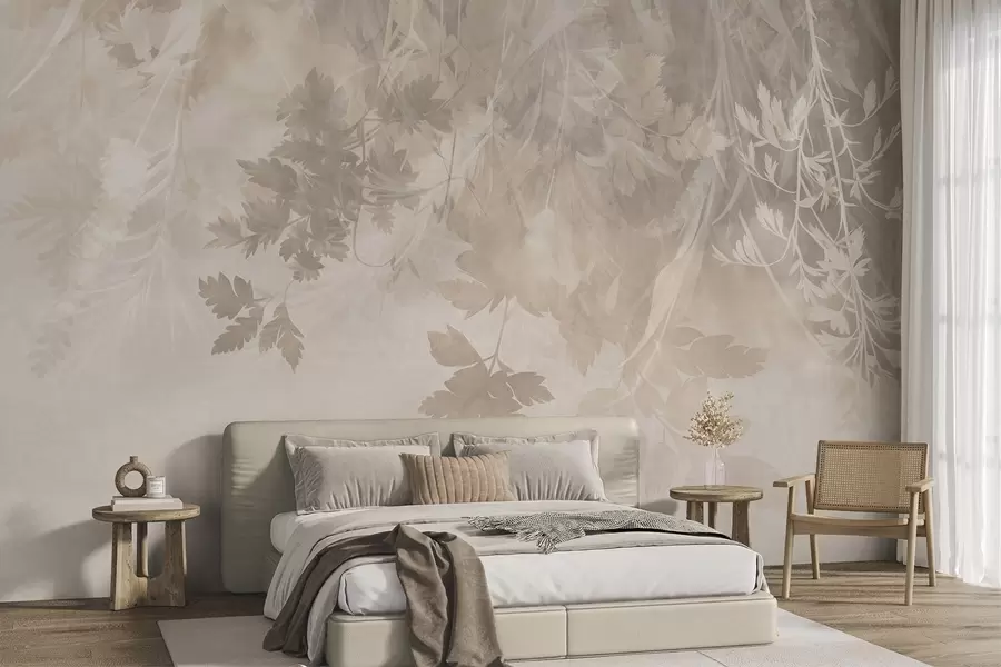 Fotobehang Bladeren en takken met een structuur tegen een zachte, gedempte beige achtergrond w10020