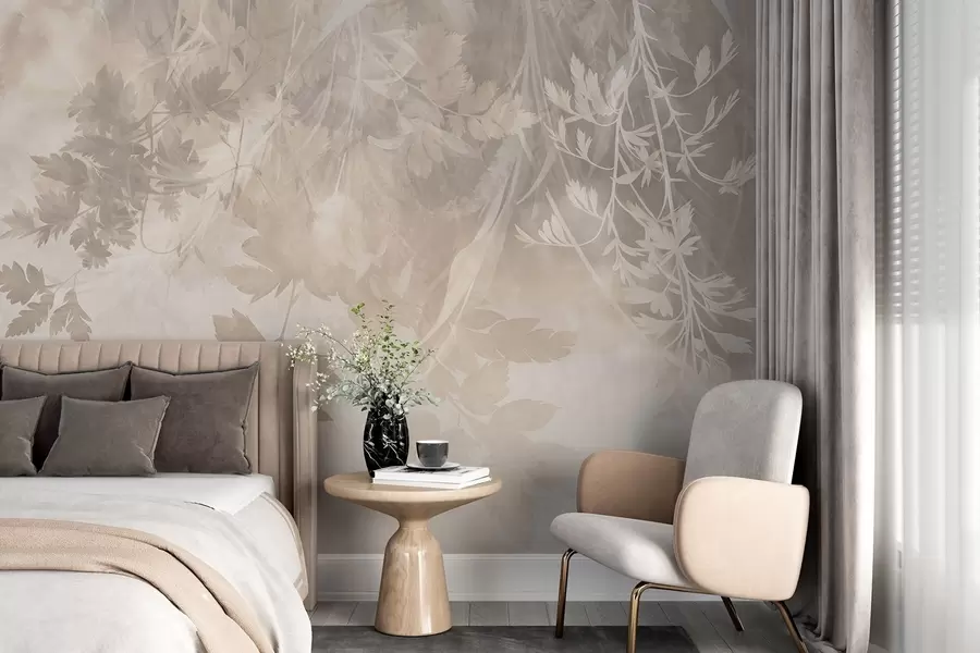 Fotobehang Bladeren en takken met een structuur tegen een zachte, gedempte beige achtergrond w10020