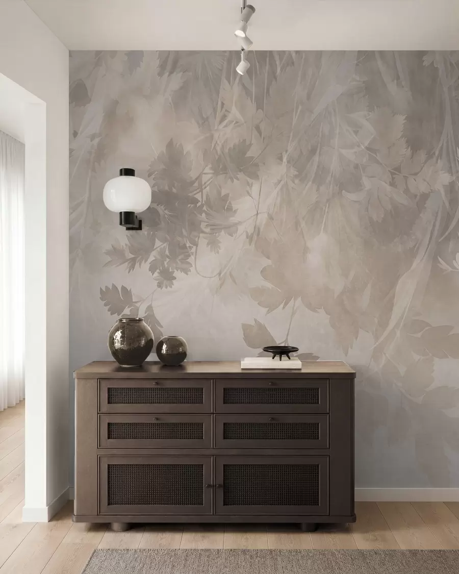 Fotobehang Bladeren en takken met een structuur tegen een zachte, gedempte beige achtergrond w10020