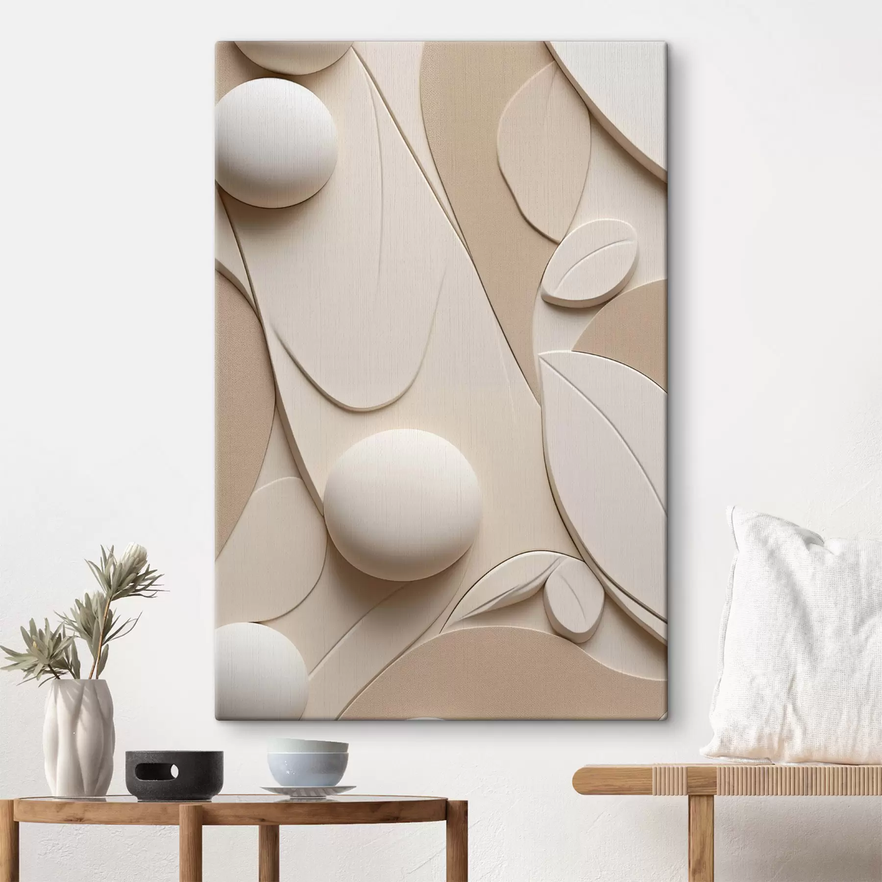  Schilderijen Abstracte compositie met organische vormen en bollen in neutrale tinten s50616