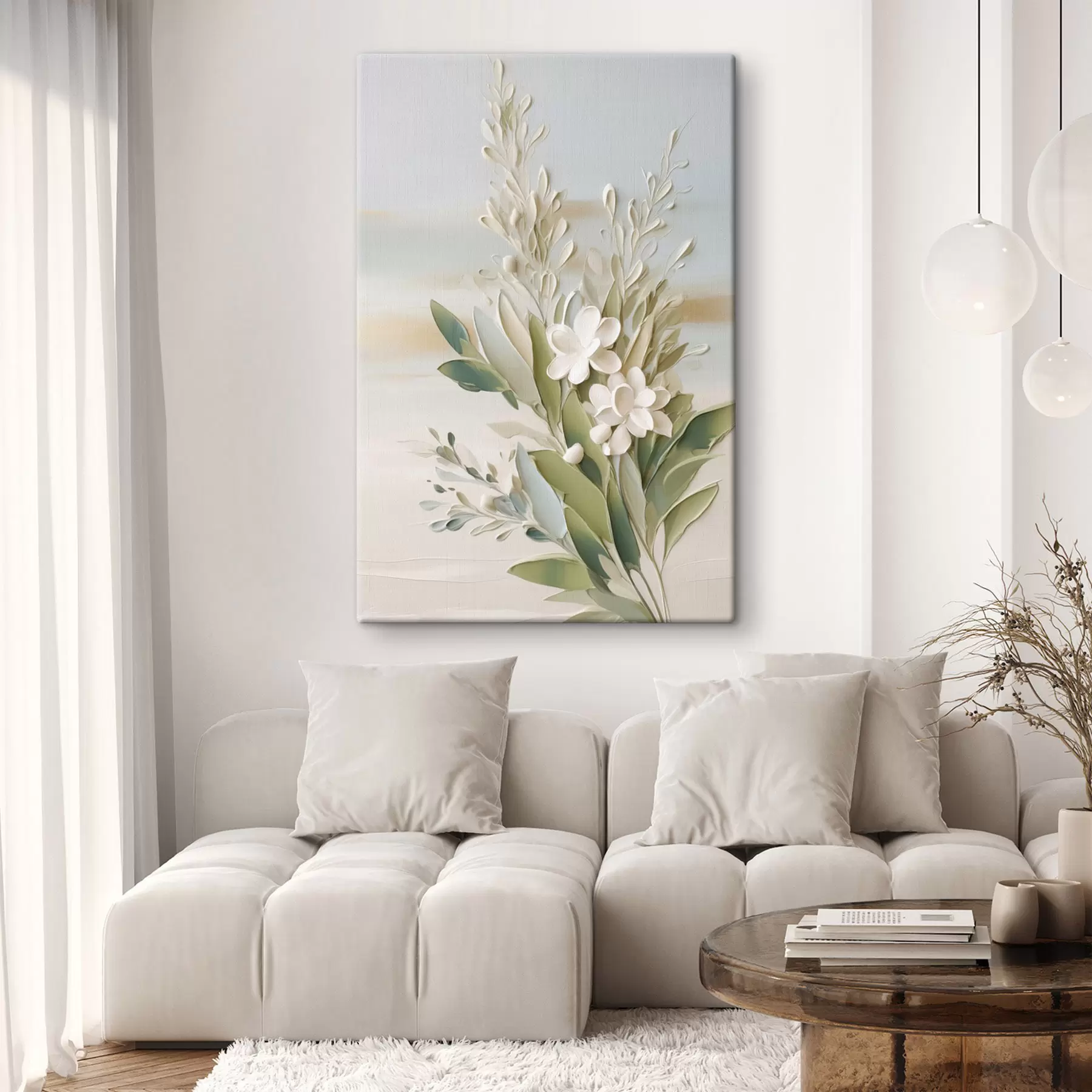  Schilderijen Witte bloemen en groene bladeren tegen een zachte, gestructureerde achtergrond in pastelkleuren s50618