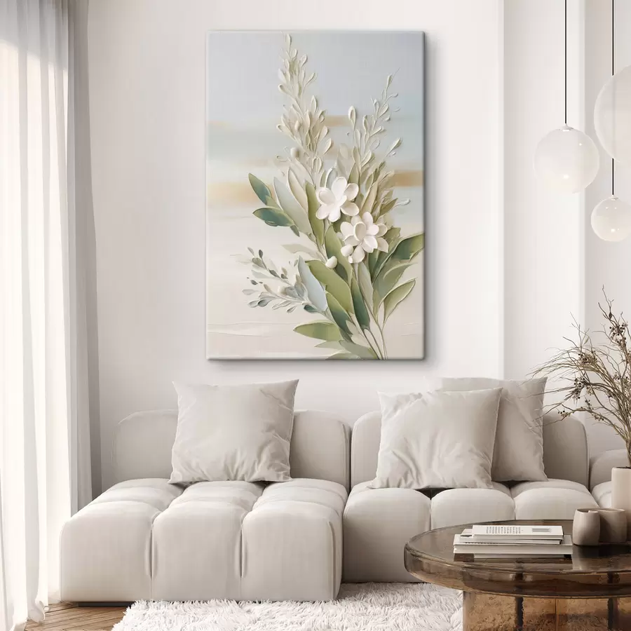  Schilderijen Witte bloemen en groene bladeren tegen een zachte, gestructureerde achtergrond in pastelkleuren s50618