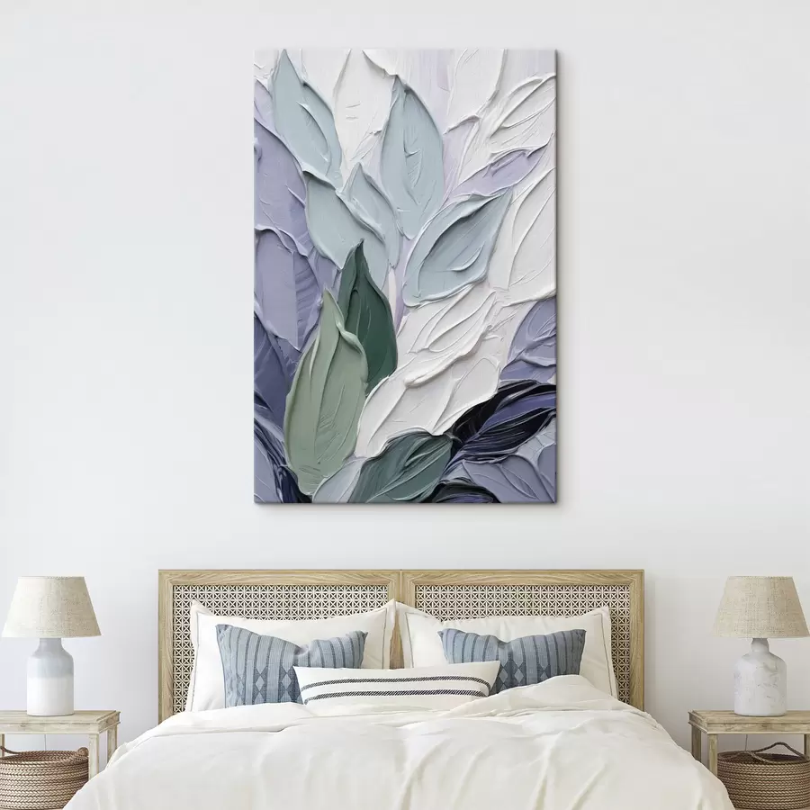  Schilderijen Abstracte bladeren, gestructureerde penseelstreken in tinten wit, lichtblauw en groen s50623