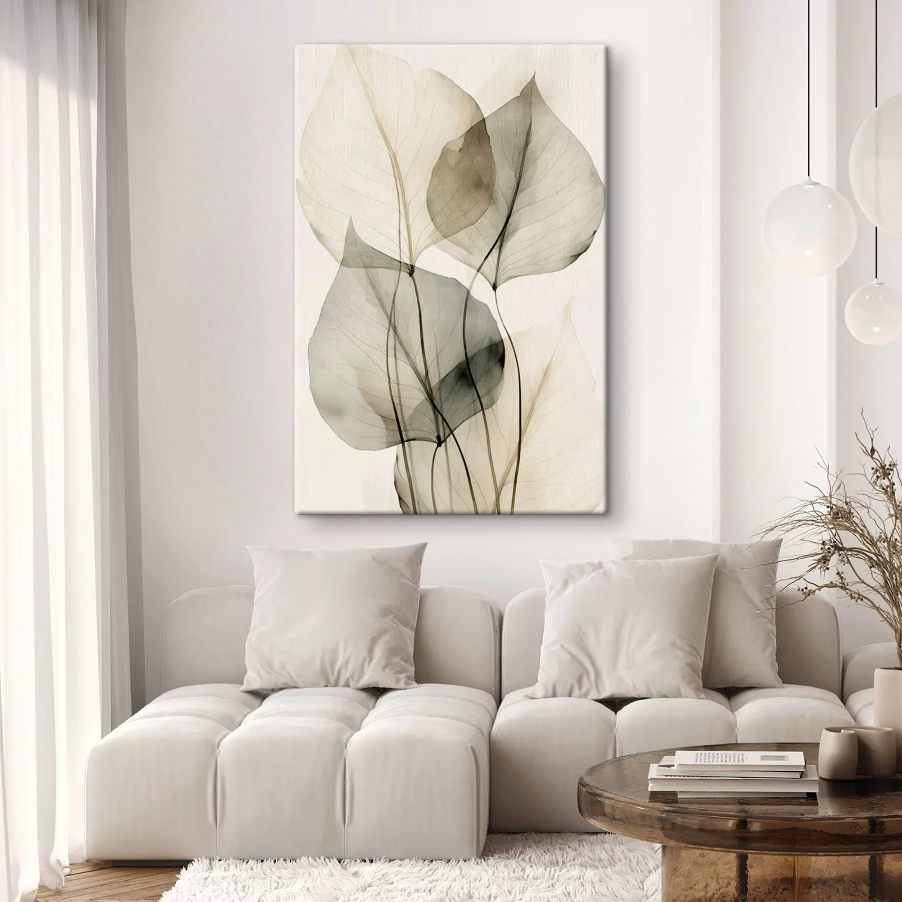  Schilderijen Transparante bladeren met textuur in beige- en grijstinten, lichte achtergrond s50625
