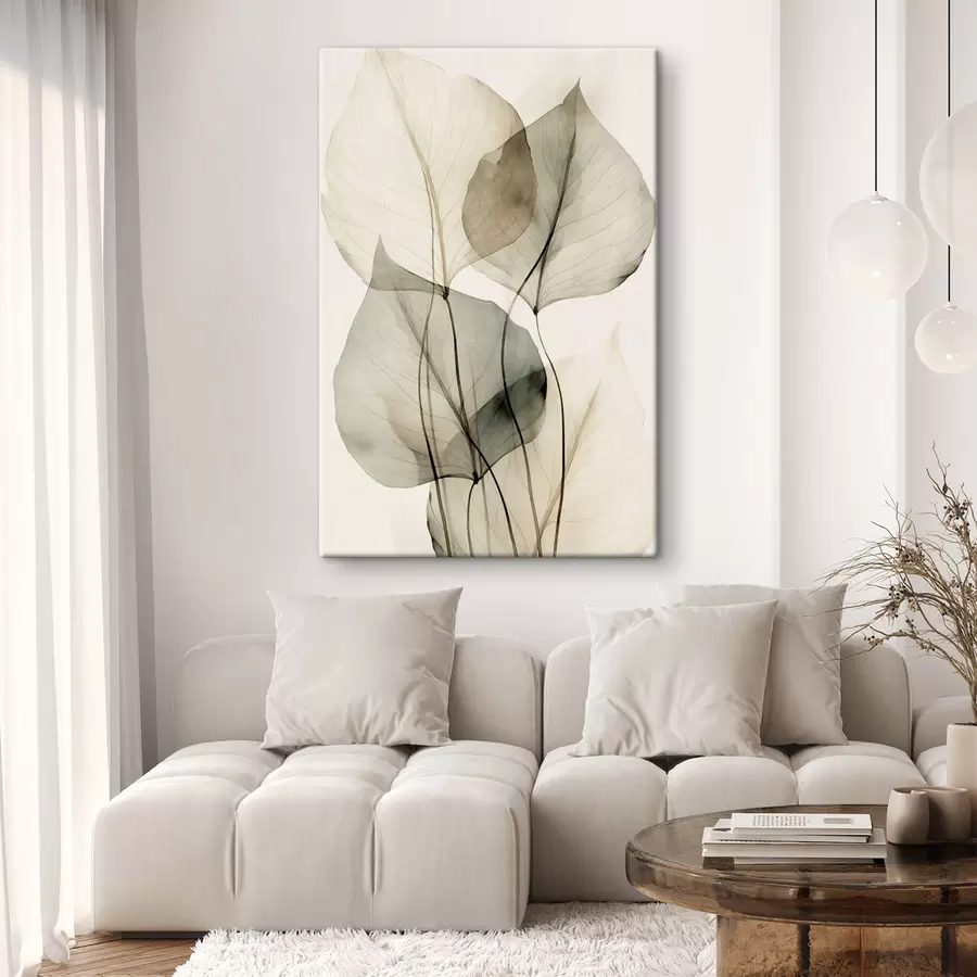  Schilderijen Transparante bladeren met textuur in beige- en grijstinten, lichte achtergrond s50625