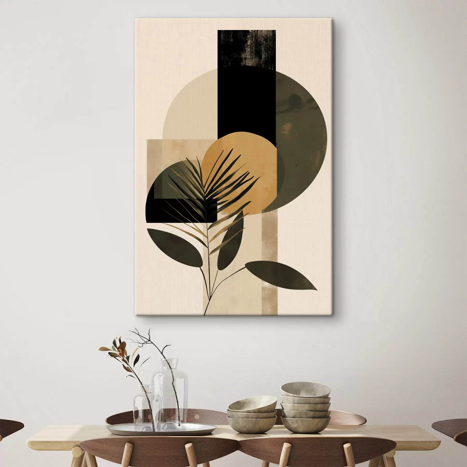  Schilderijen Abstracte compositie met geometrische vormen en tropische bladeren, met textuur s50632