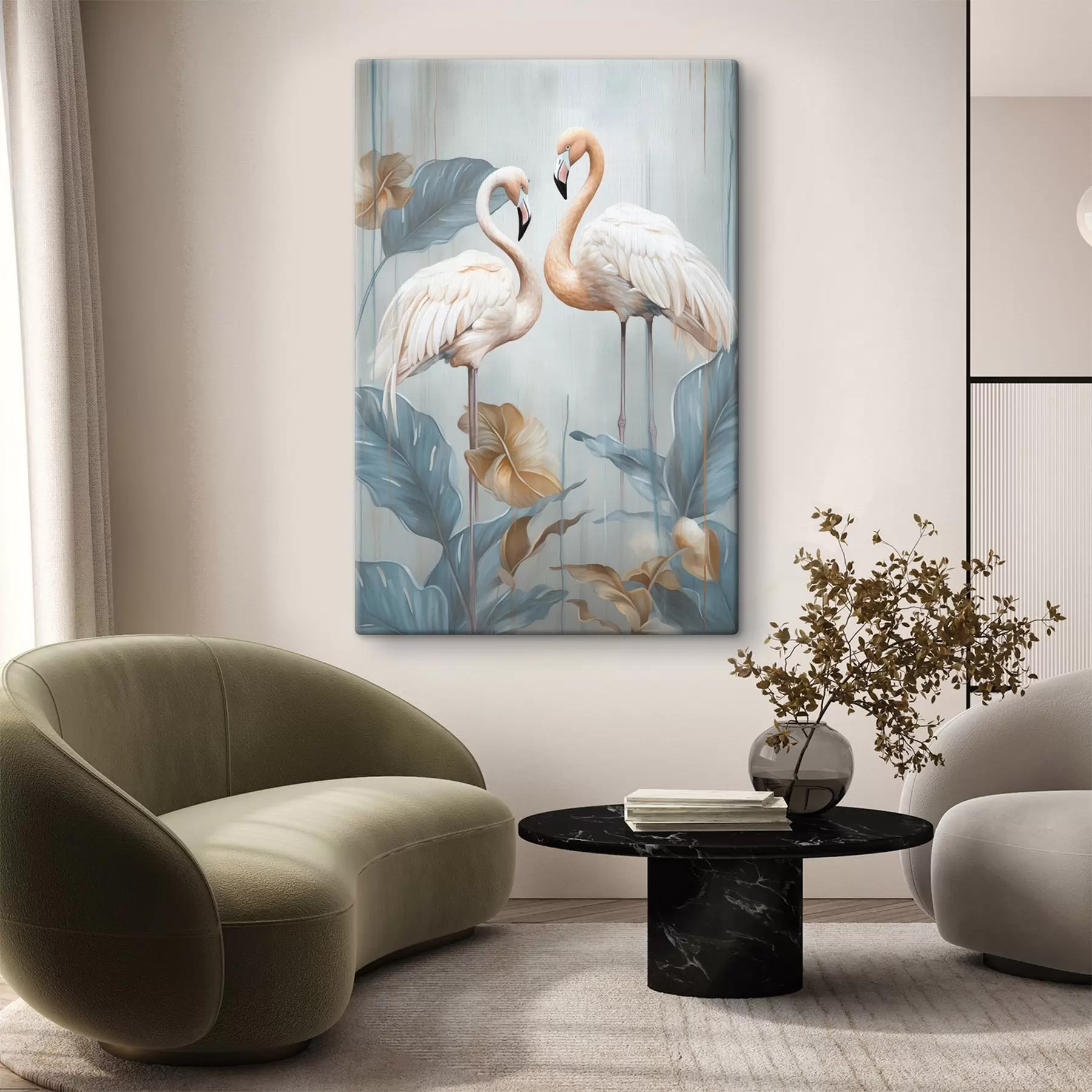  Schilderijen Flamingo's met tropische bladeren, pastelkleuren s50638