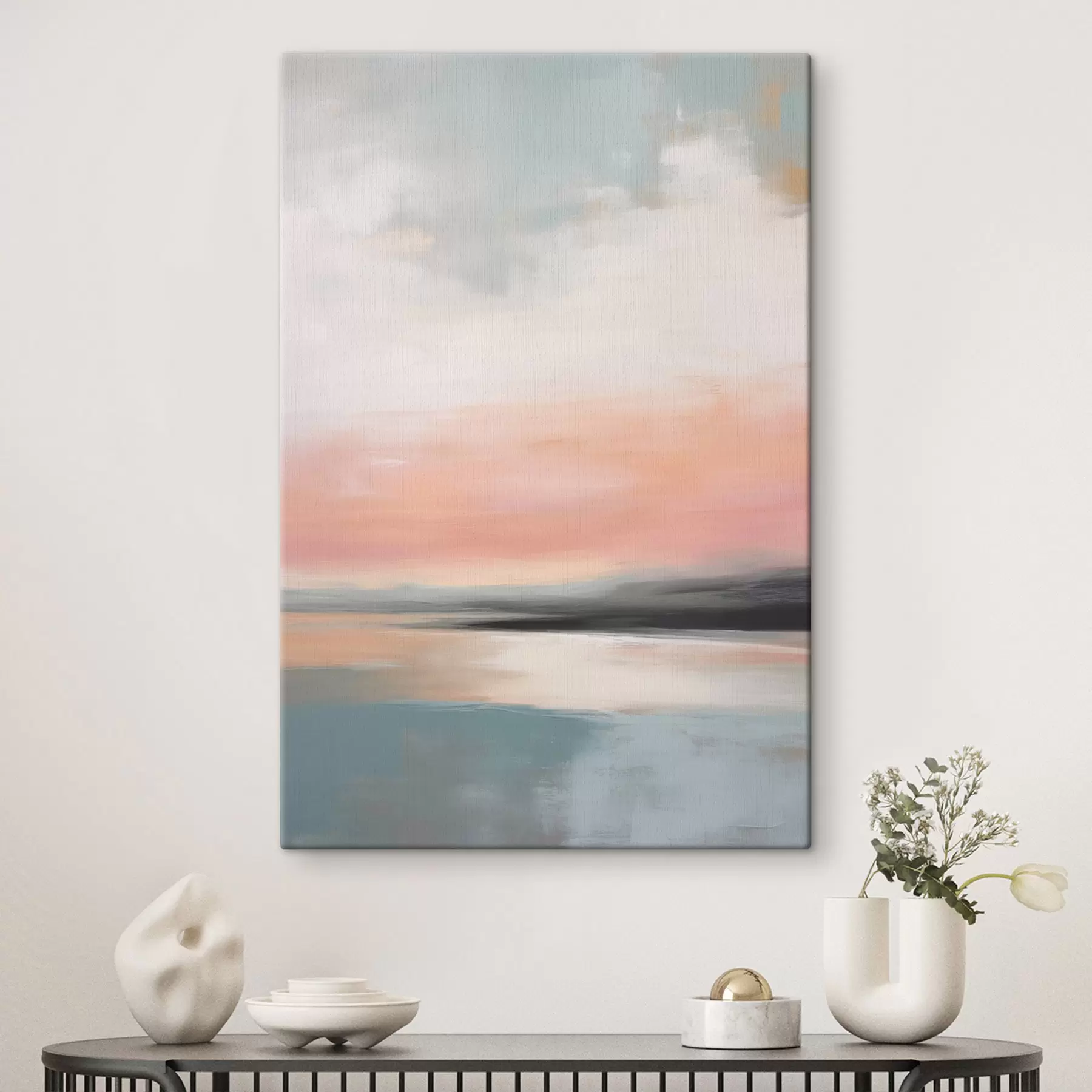  Schilderijen Abstrakt, minimalistisch zeegezicht met een zacht pastelkleurpalet s50640
