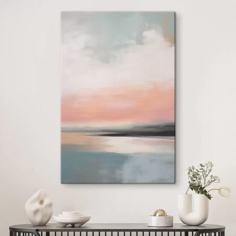  Schilderijen Abstrakt, minimalistisch zeegezicht met een zacht pastelkleurpalet s50640