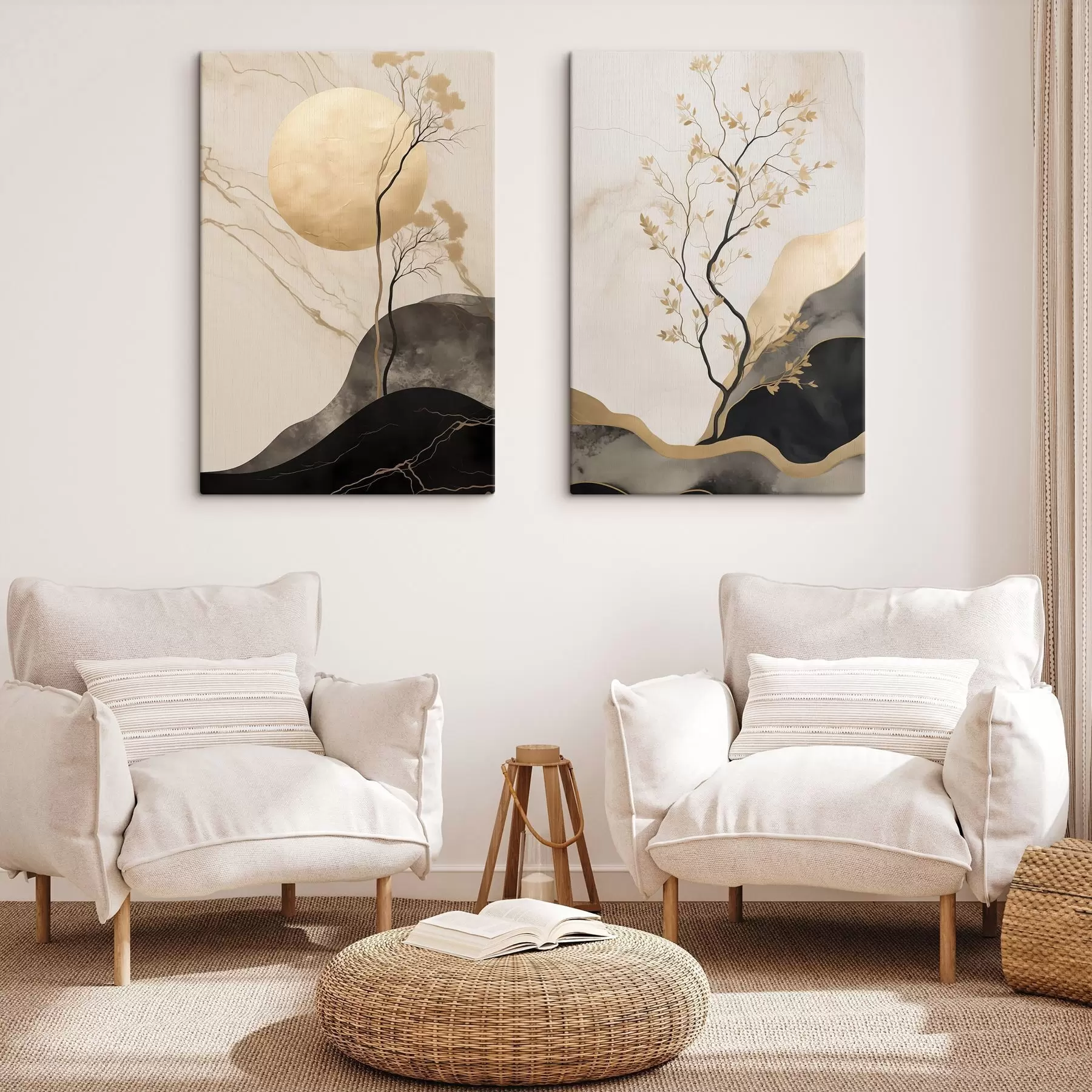  Schilderijen Minimalistische abstracte kunst, bomen en vloeiende texturen in beige en zwarte tinten m30955