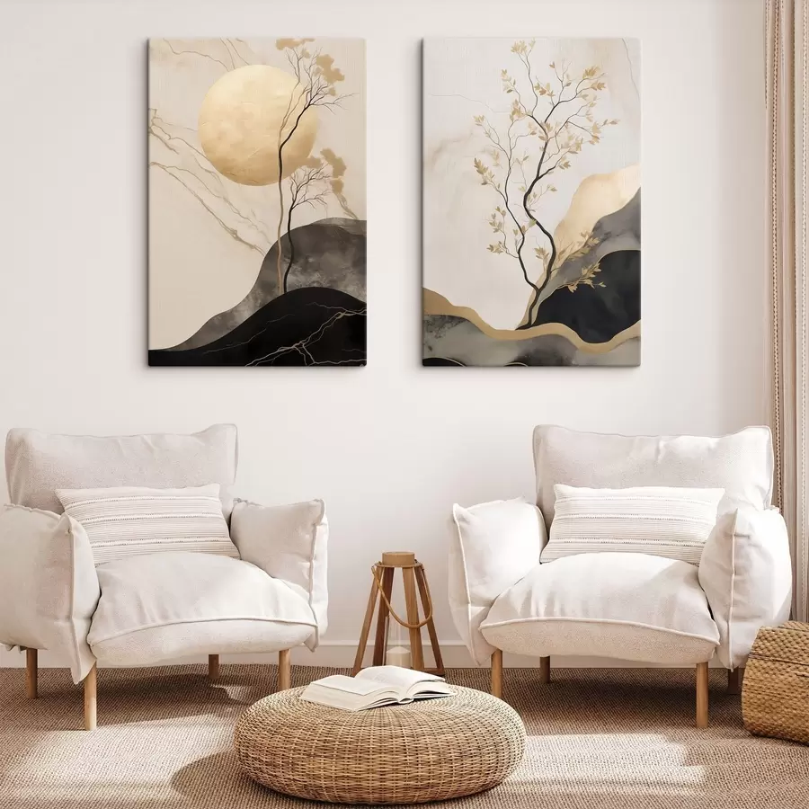  Schilderijen Minimalistische abstracte kunst, bomen en vloeiende texturen in beige en zwarte tinten m30955
