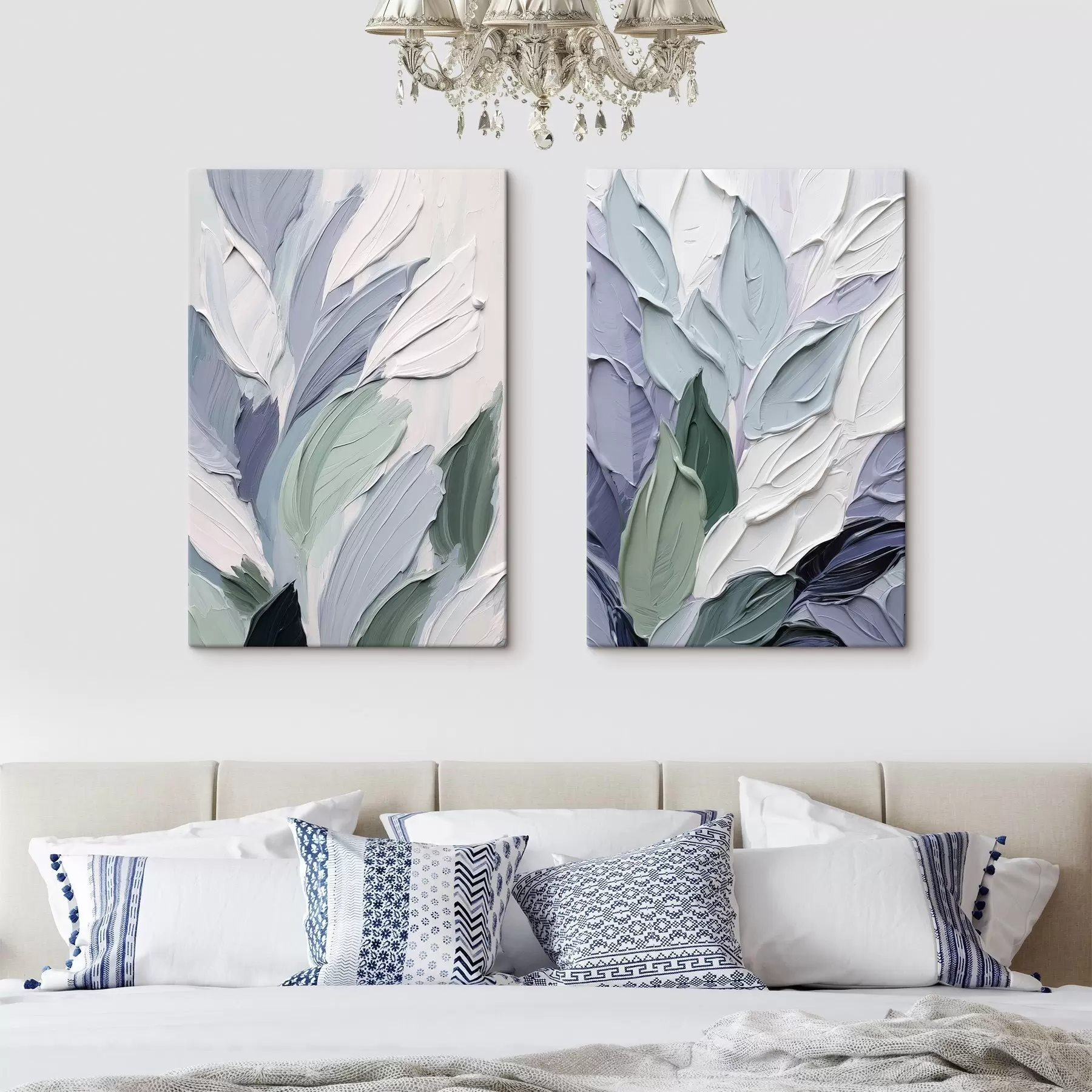  Schilderijen Abstracte bladeren, gestructureerde penseelstreken in tinten wit, lichtblauw en groen m30960