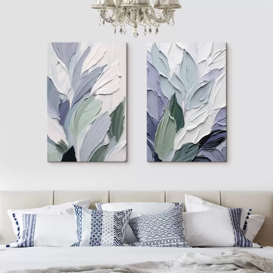  Schilderijen Abstracte bladeren, gestructureerde penseelstreken in tinten wit, lichtblauw en groen m30960