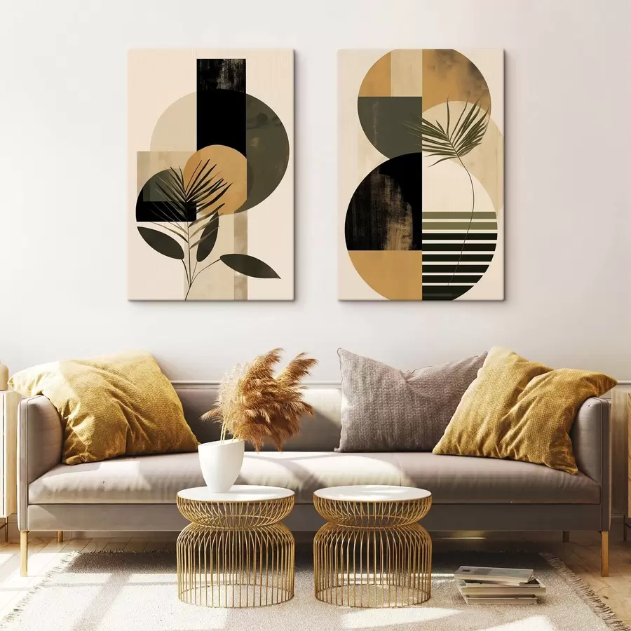  Schilderijen Abstracte compositie met geometrische vormen en tropische bladeren, met textuur m30965