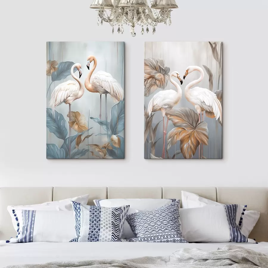  Schilderijen Flamingo's met tropische bladeren, pastelkleuren m30968