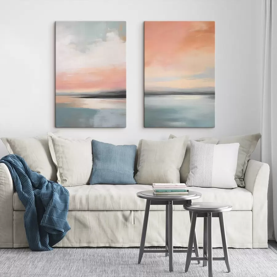  Schilderijen Abstrakt, minimalistisch zeegezicht met een zacht pastelkleurig kleurenpalet m30969