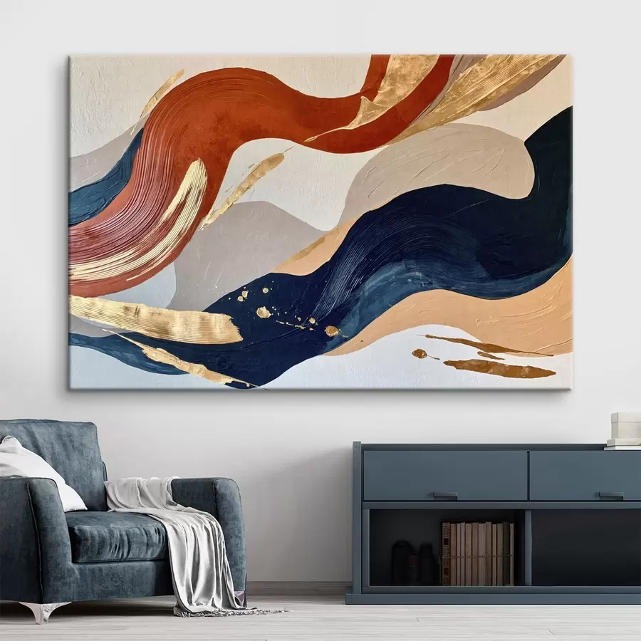  Schilderijen Abstracte, vloeiende vormen in blauwe en terracottatinten s50580