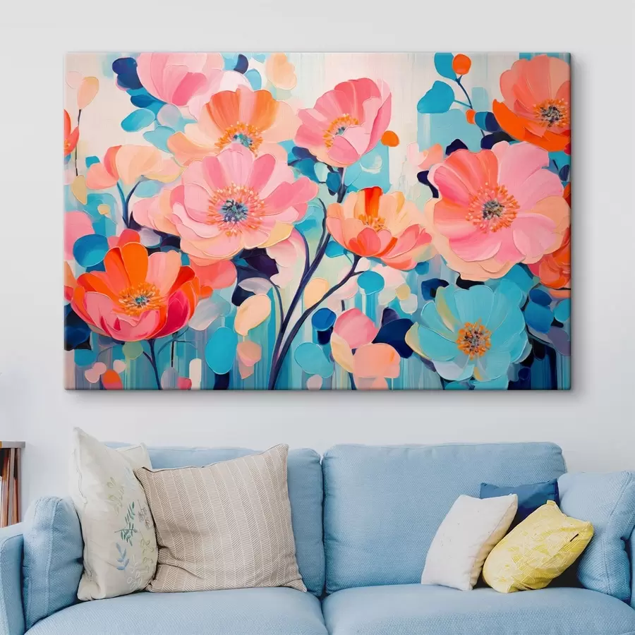  Schilderijen Grote, levendige bloemen in roze en blauwe tinten s50590