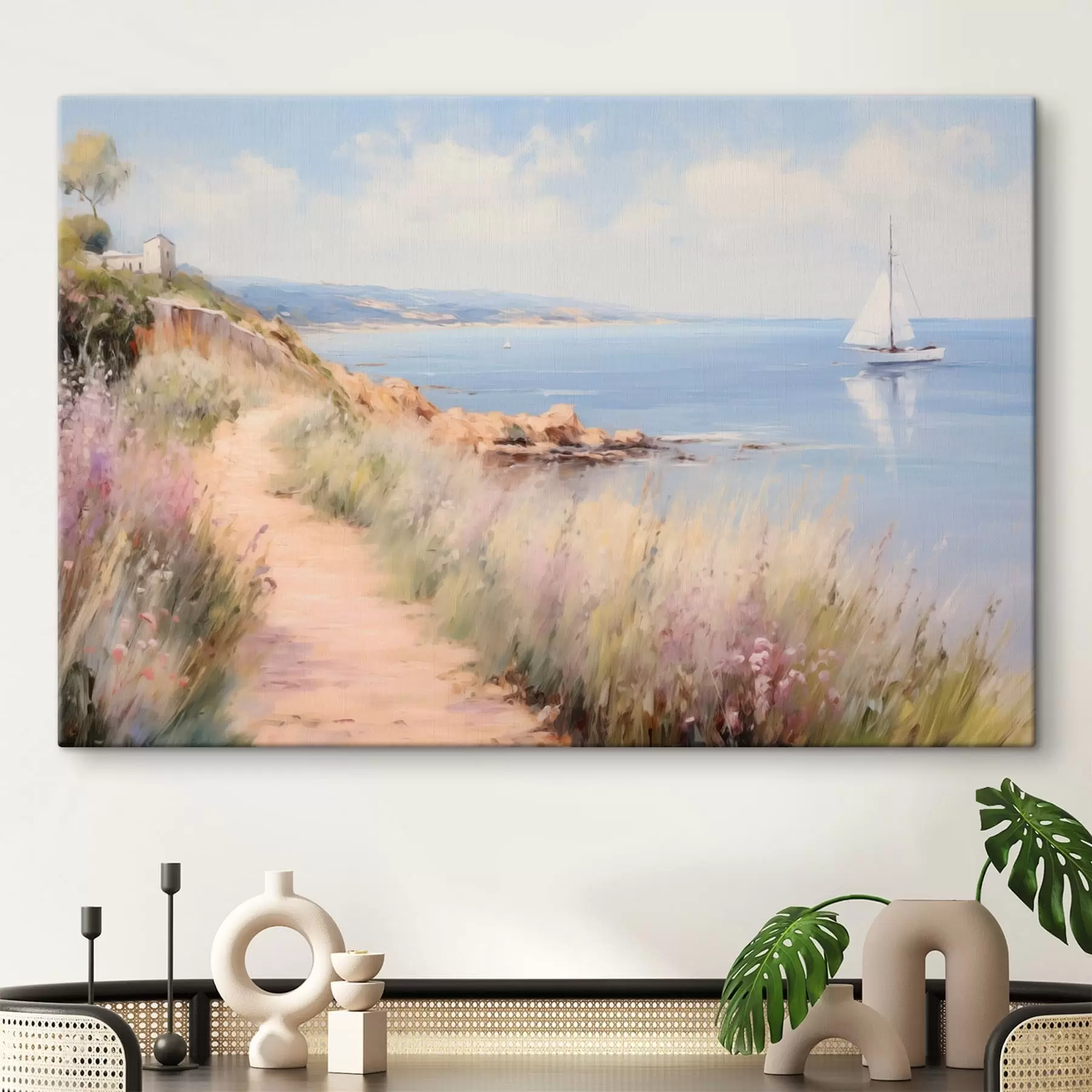  Schilderijen Kustpad met bloemen en een zeilboot s50592