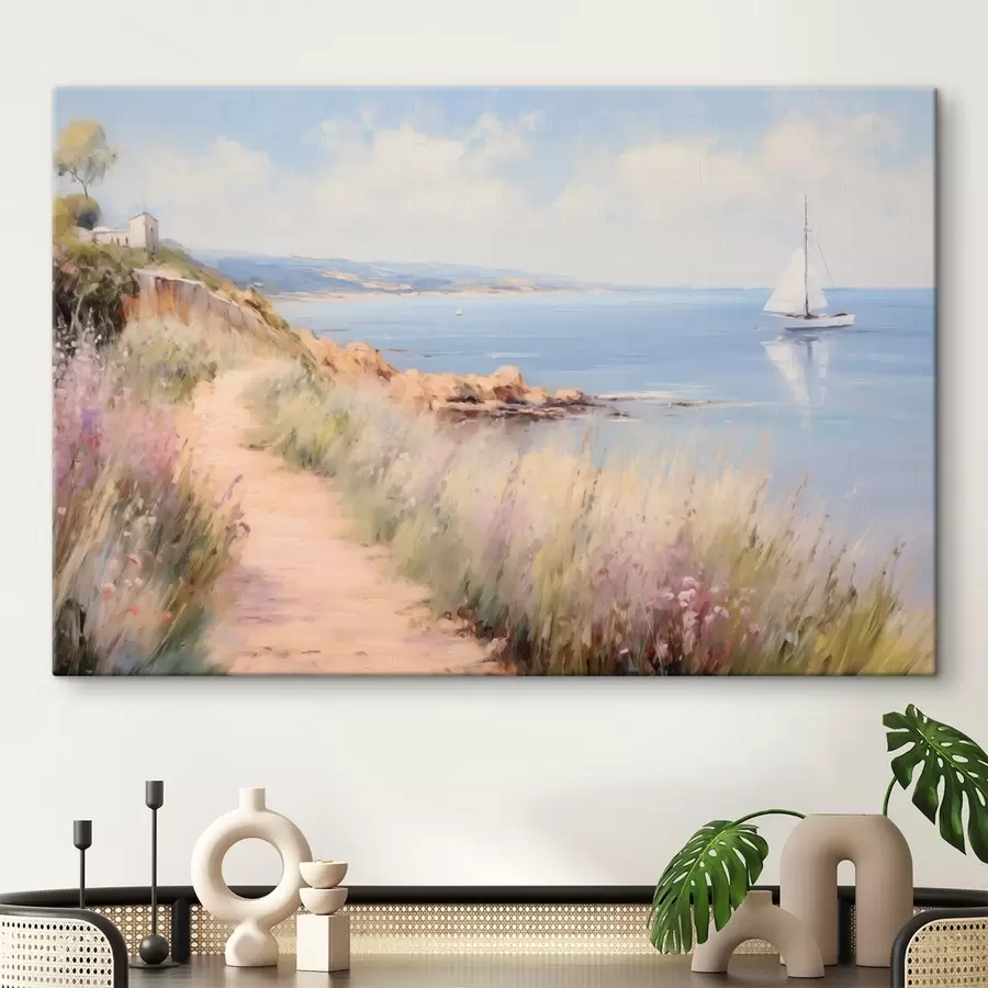  Schilderijen Kustpad met bloemen en een zeilboot s50592